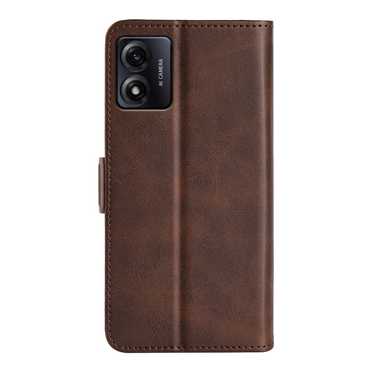 Étui en cuir marron, fermé. Découpe de caméra à l'arrière. Téléphone à l'intérieur.