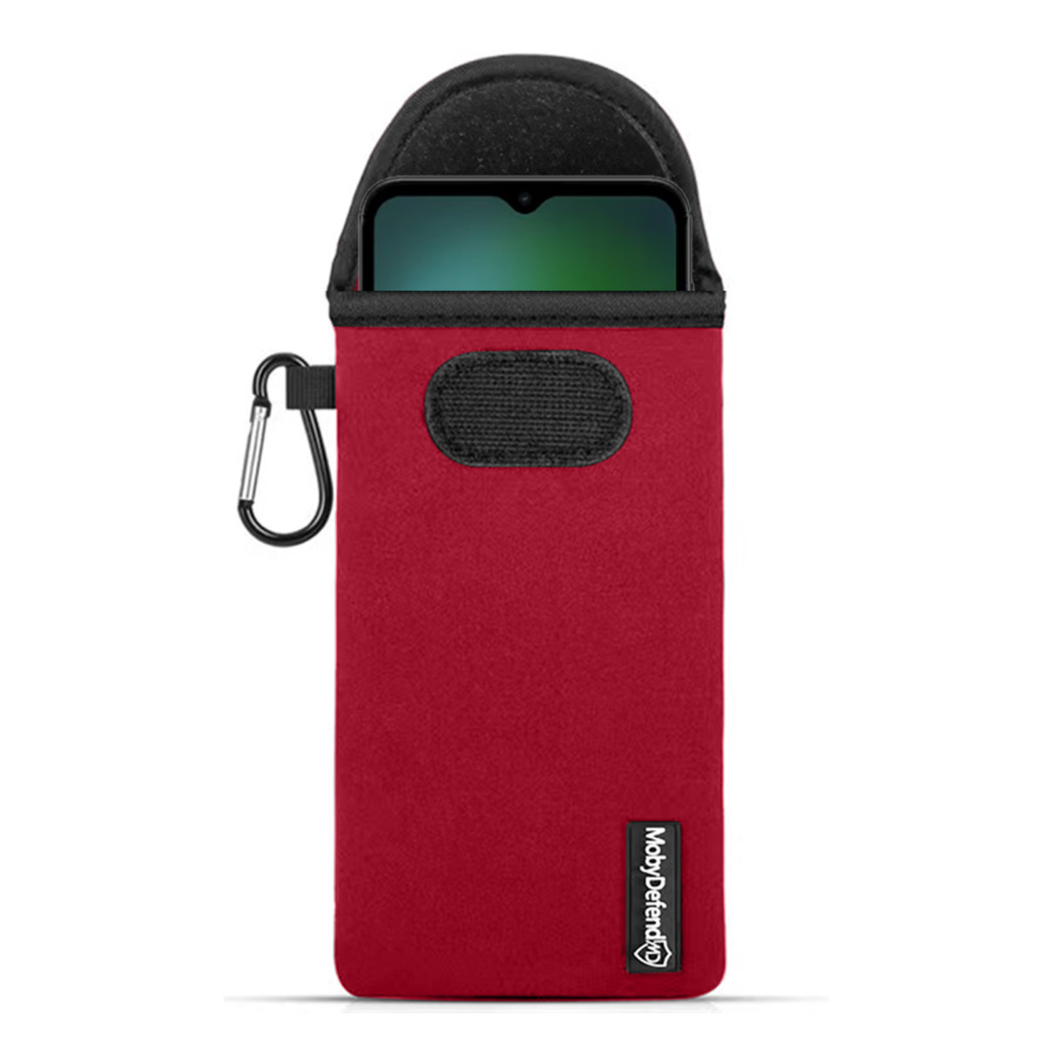 Een rode telefoonsleeve met een telefoon erin. Witte achtergrond.