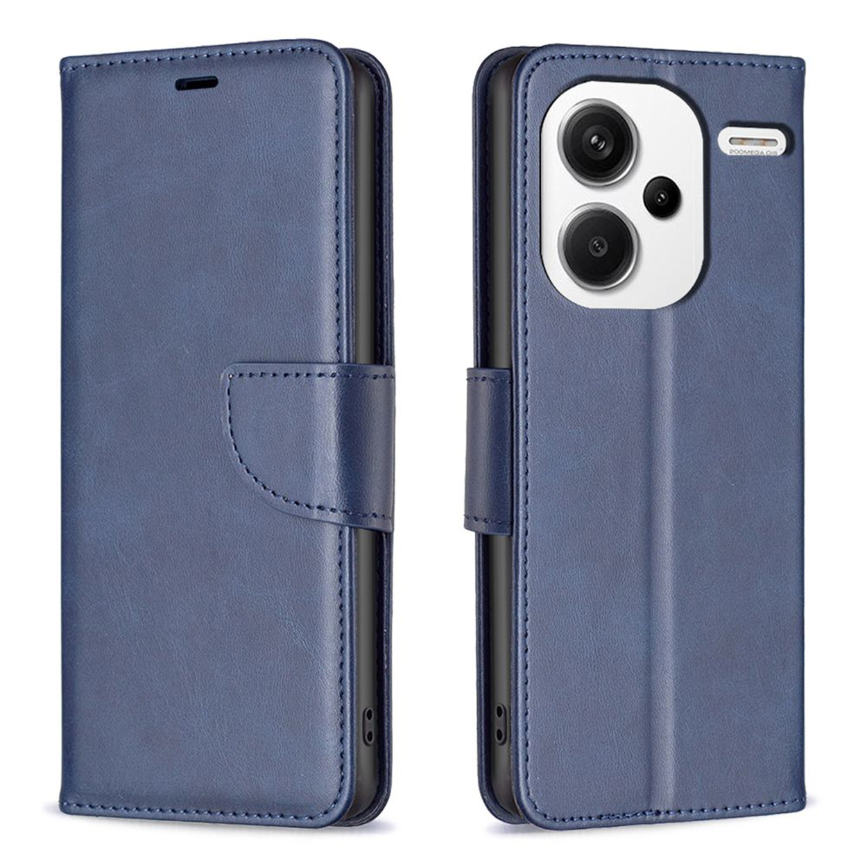 Blauwe telefoonhoes, gesloten en open. De open hoes toont de camera van de telefoon.