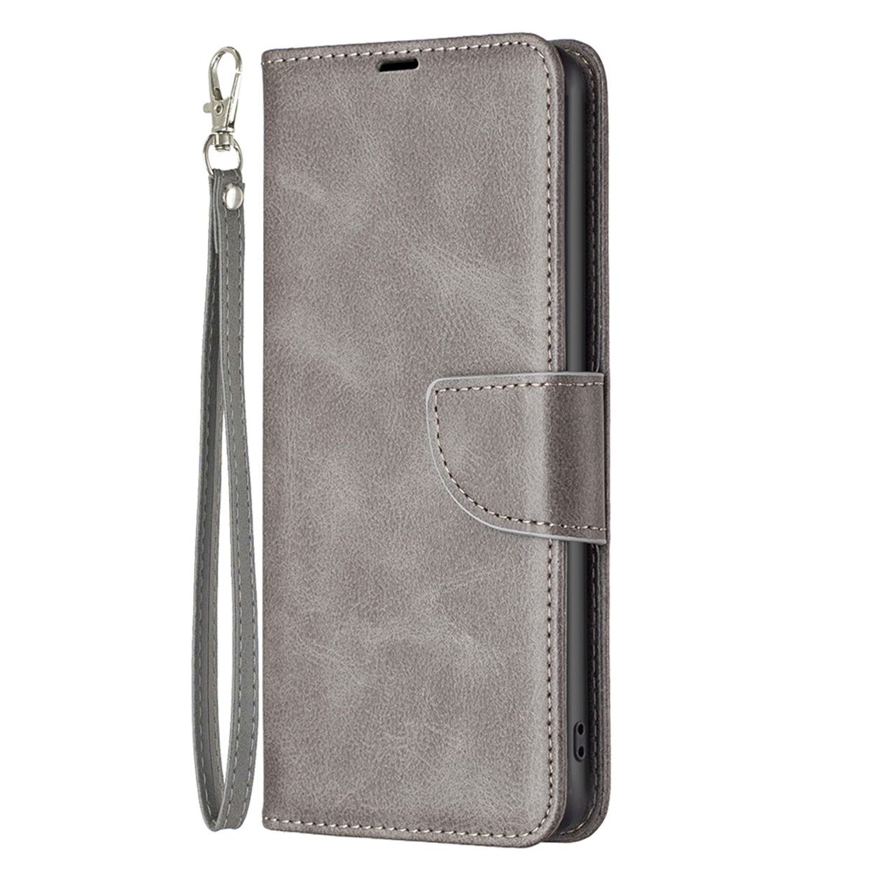Grijze telefoonhoes, gesloten, met polsband. Leren, met stiksels.