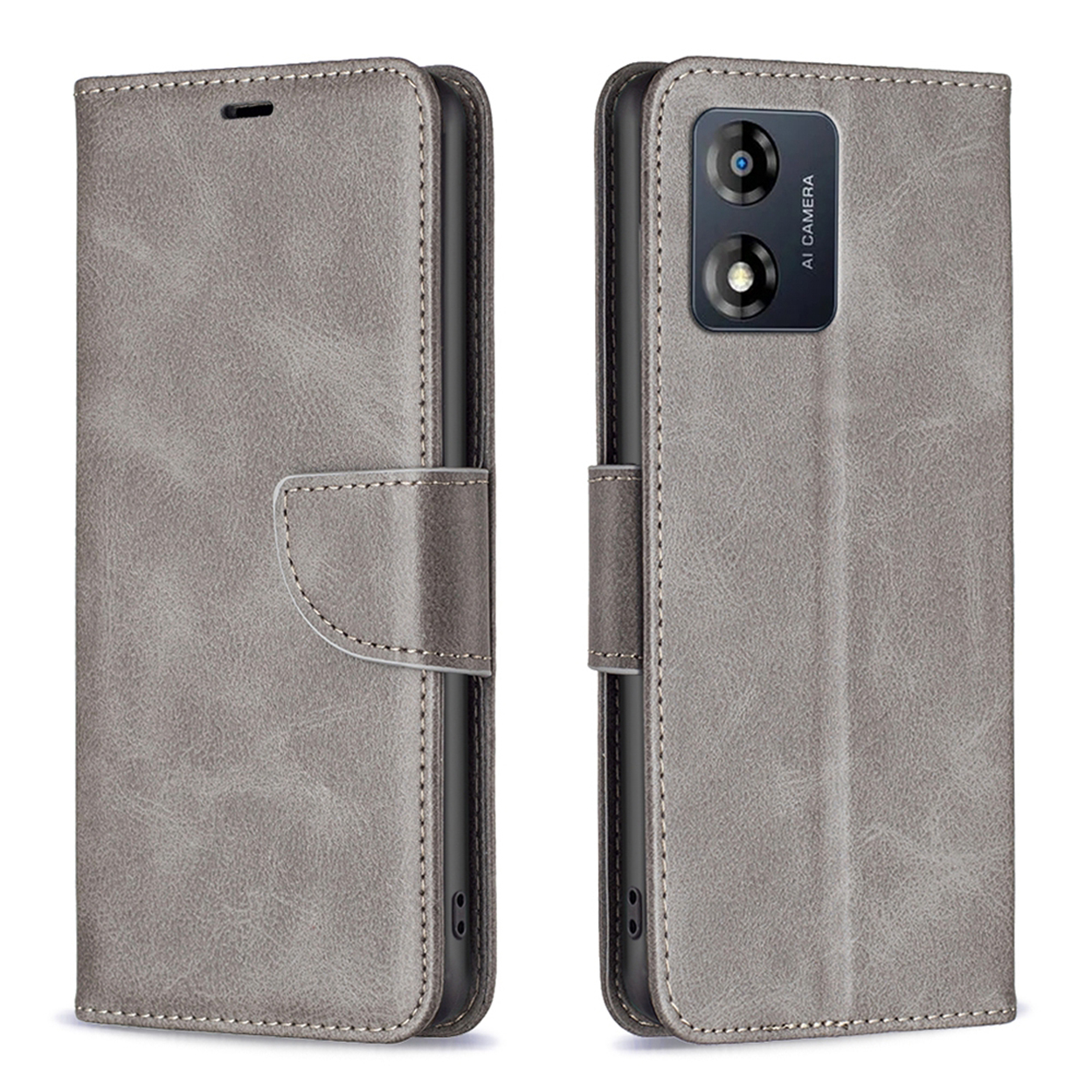 Grijze telefoonhoes. Open stijl met magnetische sluiting. De telefoon zit erin.