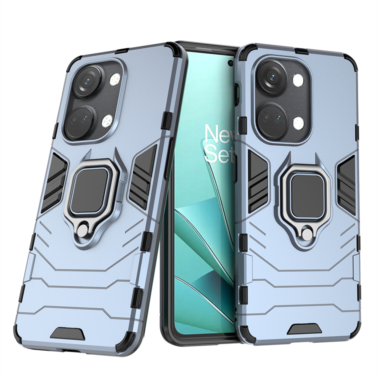 Deux étuis de téléphone, bleu clair. Les étuis ont un anneau et une découpe pour la caméra.