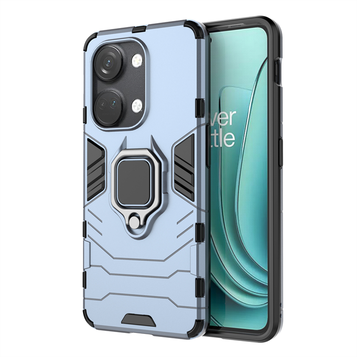 Coque de téléphone bleue avec un anneau argenté et un téléphone affichant une image verte et blanche.
