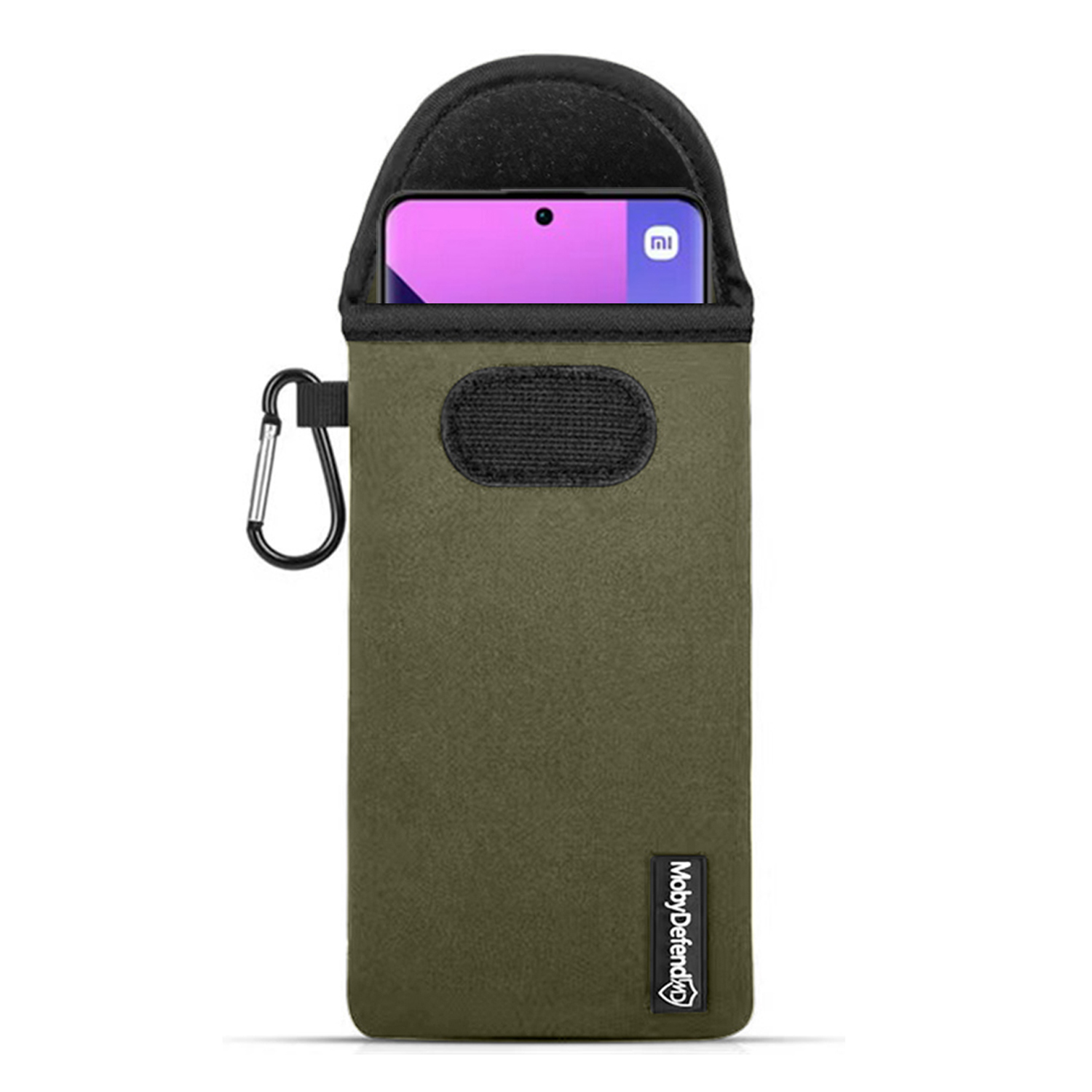 Groene telefoonzak met een telefoon erin, gesloten met een karabijnhaak.