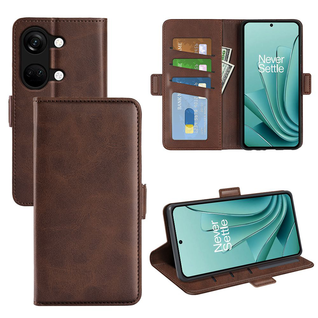 Étui de téléphone en cuir marron. L'étui est en plusieurs vues, montrant un téléphone et des emplacements.