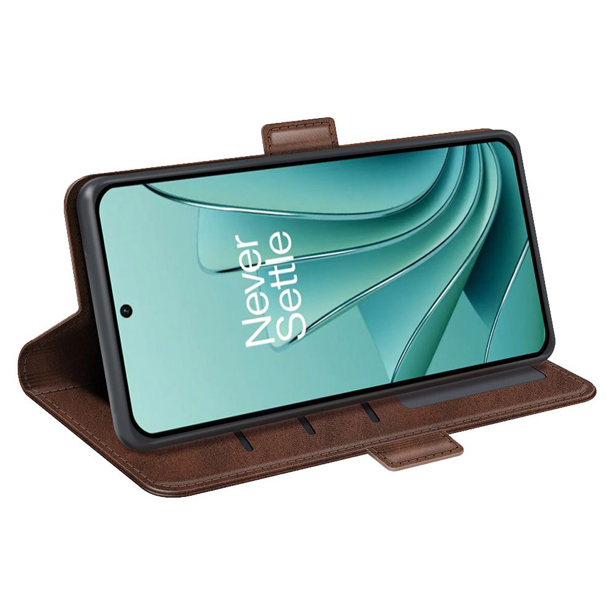 Étui de téléphone ouvert avec texte sur le téléphone. L'étui est marron, avec fermeture magnétique.