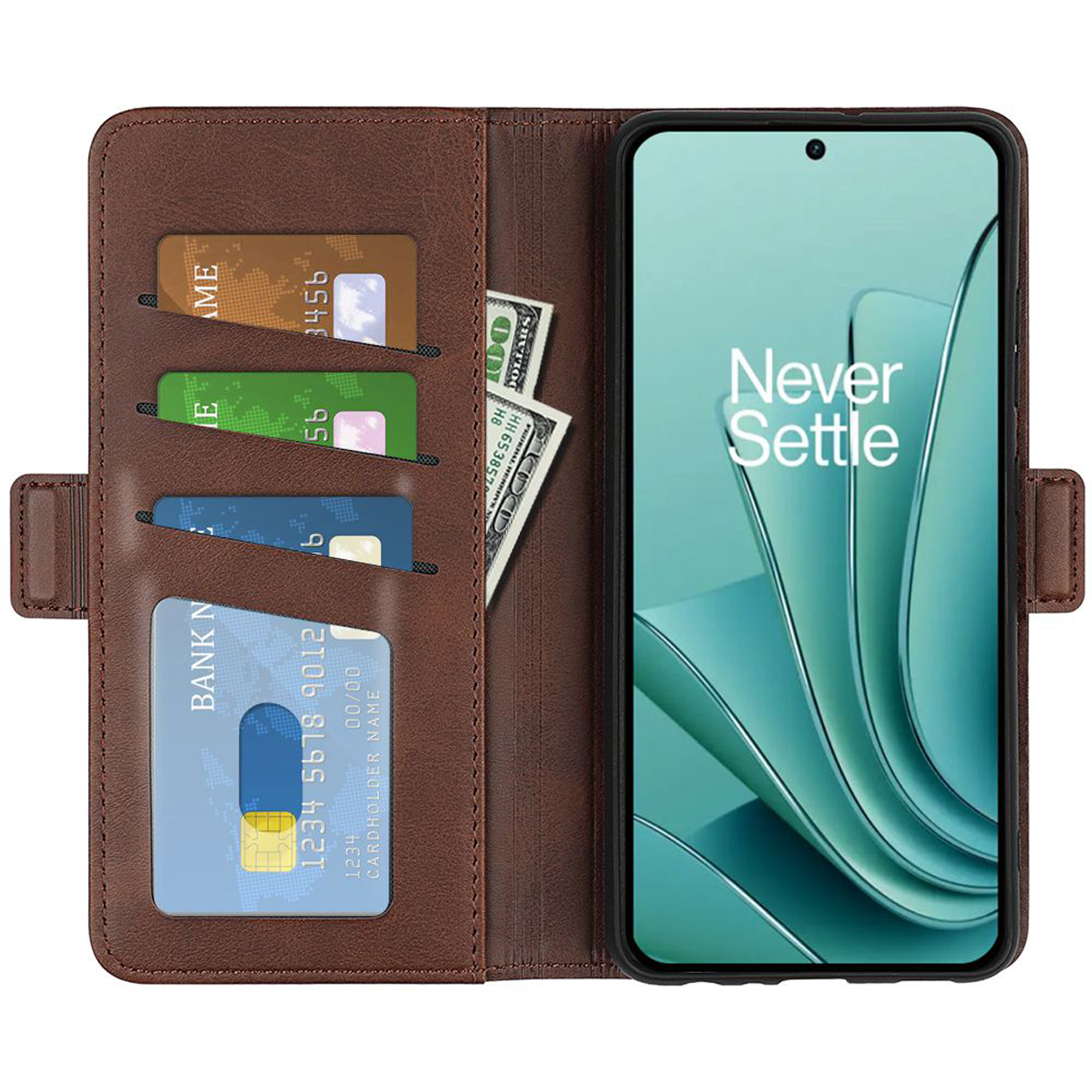 Étui de téléphone marron ouvert avec téléphone, cartes et espèces visibles. Le téléphone dit "Never Settle".