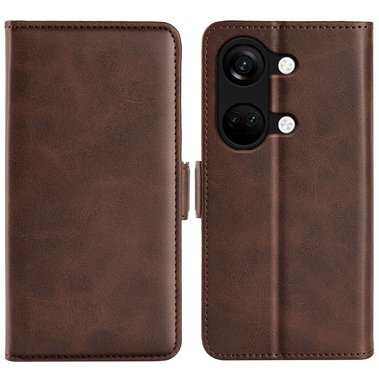 Étui de téléphone en cuir marron, ouvert, révélant le téléphone et l'appareil photo.