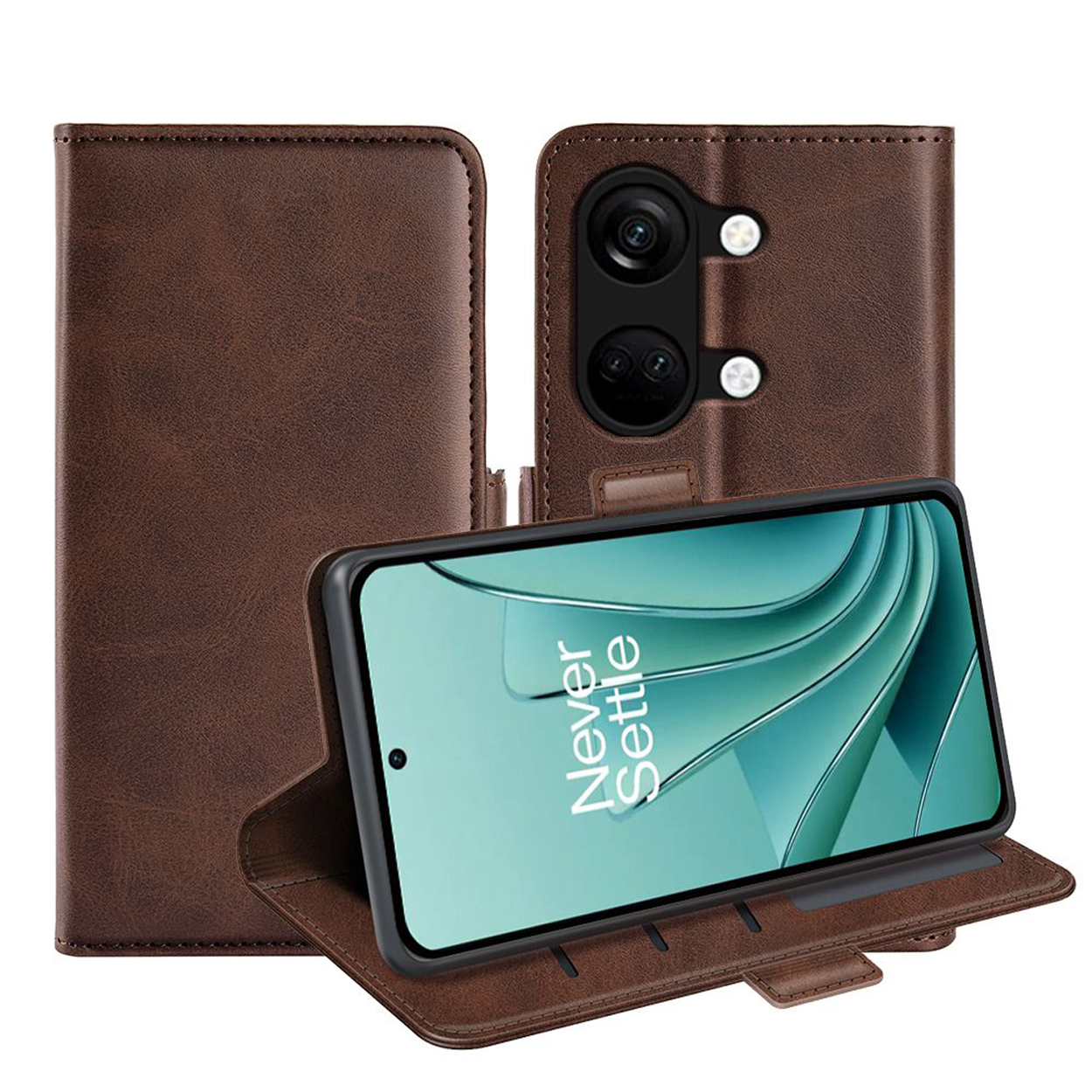 Étui de téléphone en cuir marron, téléphone ouvert montrant un design vert et bleu, et un appareil photo.