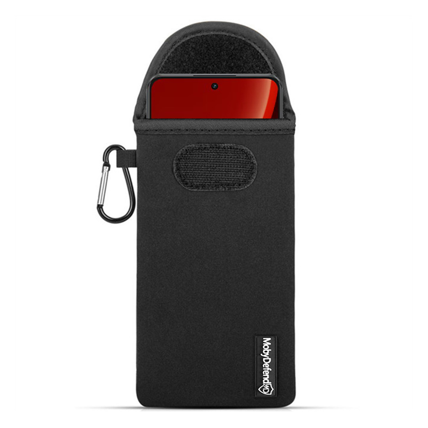 Zwarte telefoonzak met een telefoon erin, gesloten met een karabijnhaak.