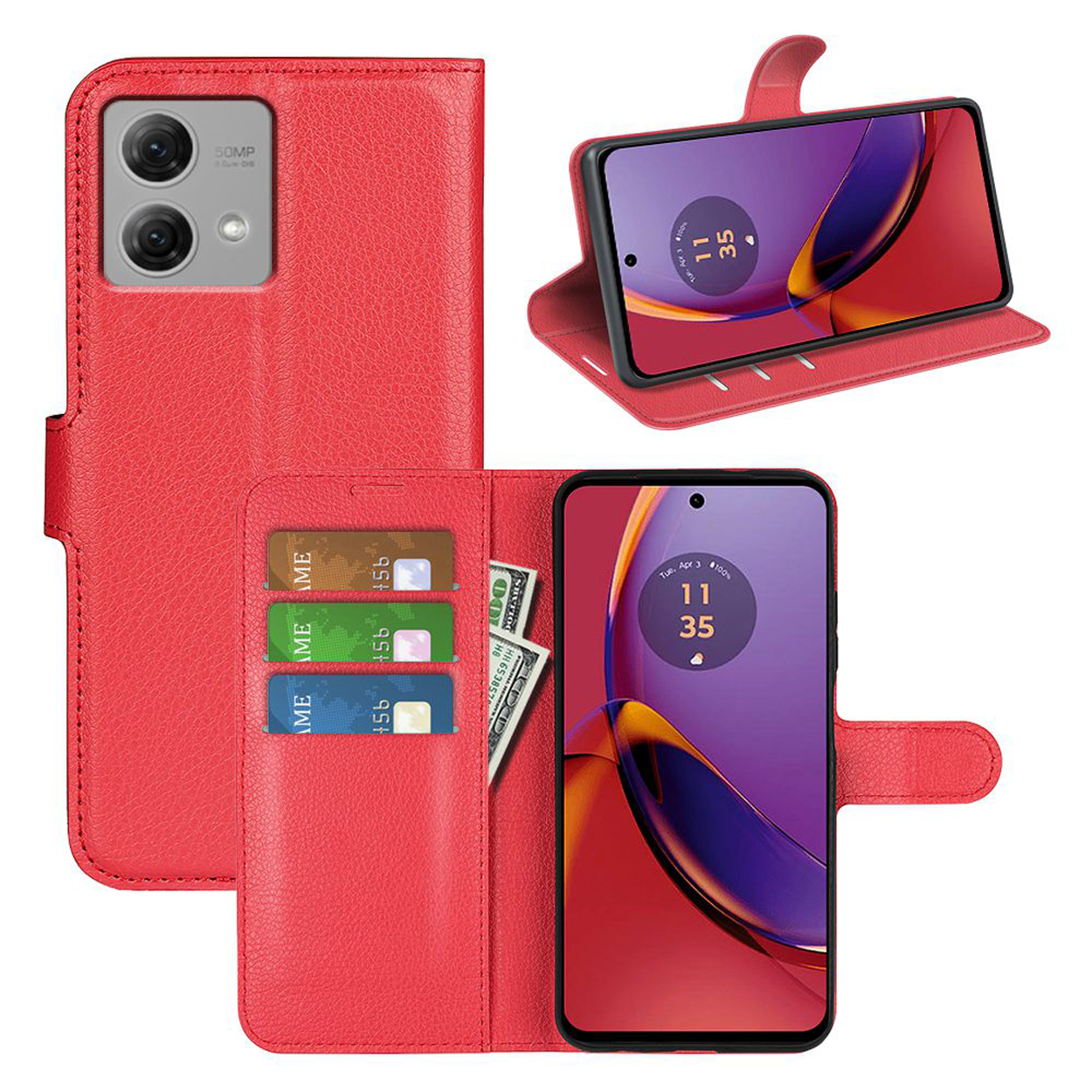 Étui de téléphone en cuir rouge, ouvert, avec un téléphone à l'intérieur, des fentes pour cartes et un écran.