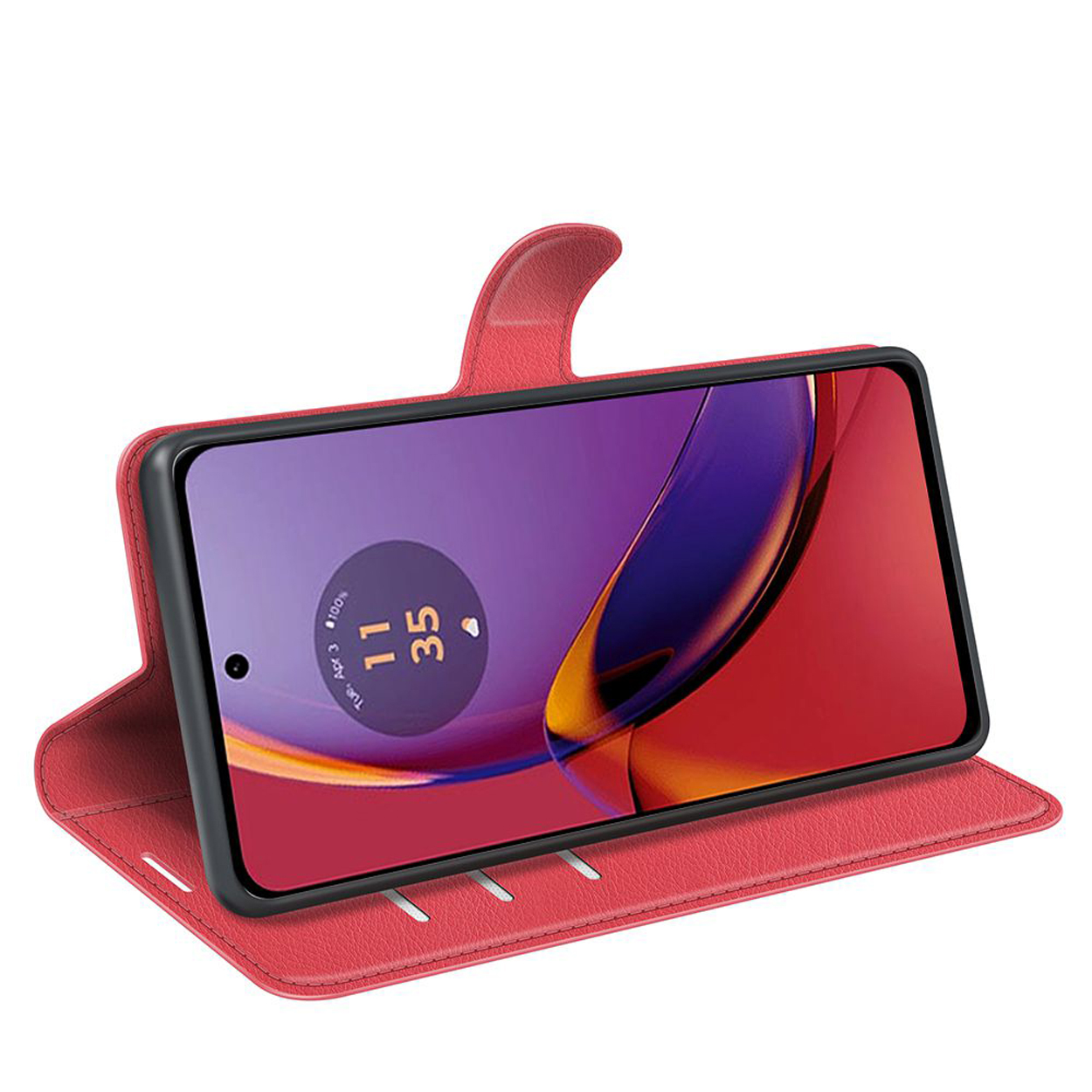 Étui de téléphone rouge ouvert, avec un téléphone à l'intérieur. Le téléphone affiche un écran rouge et orange. Fond blanc.