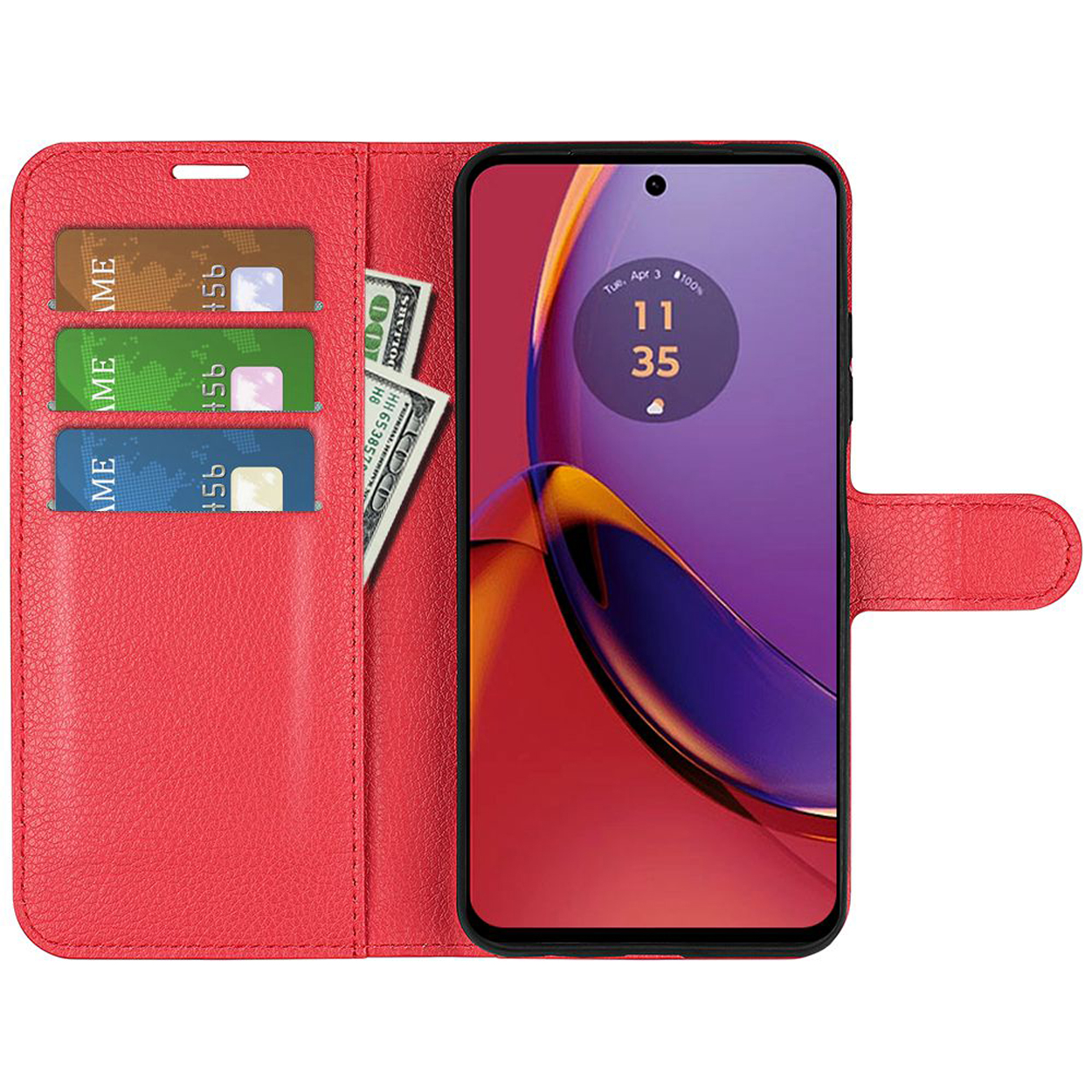 Étui de téléphone rouge ouvert, avec cartes, argent et téléphone affichant un écran violet et orange.