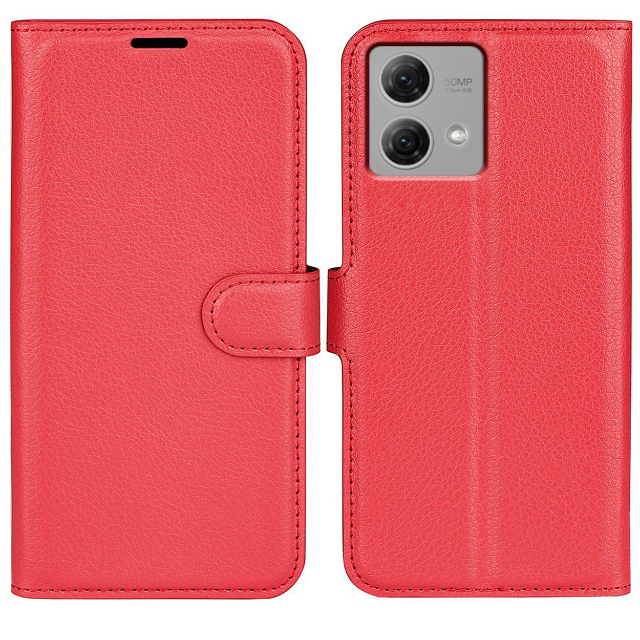 Étui de téléphone rouge avec le téléphone dedans, fermé. La caméra est visible. L'étui a une fermeture magnétique.