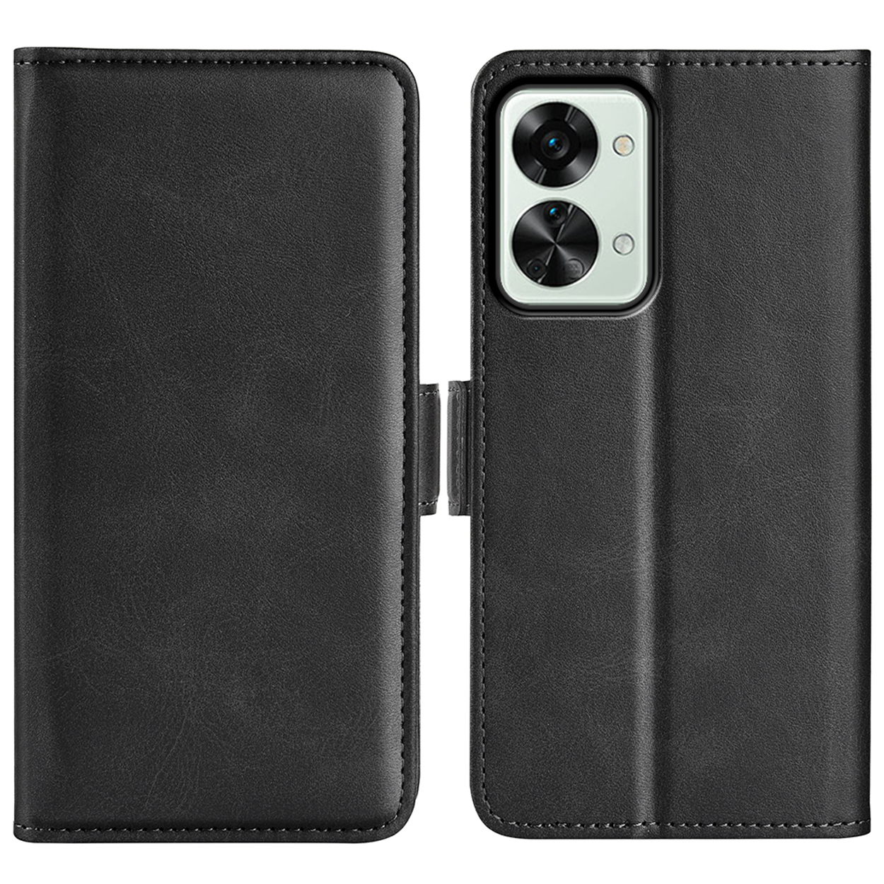 Étui de téléphone en cuir noir, ouvert, montrant le téléphone et l'intérieur.