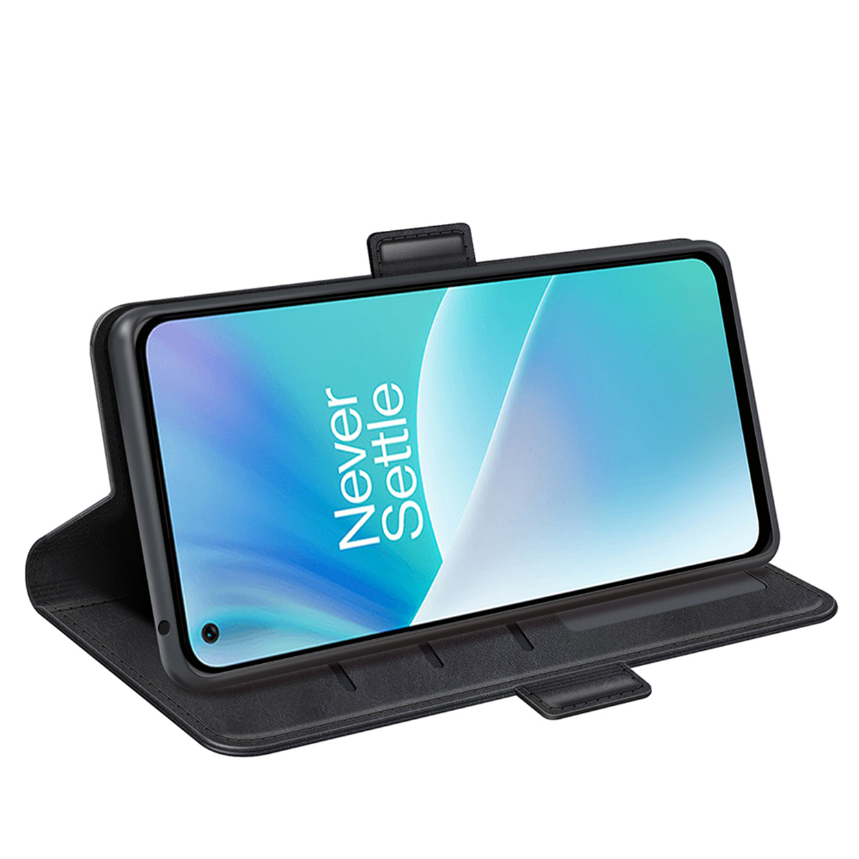 Étui de téléphone en cuir noir ouvert. L'écran du téléphone affiche un fond bleu avec du texte blanc.