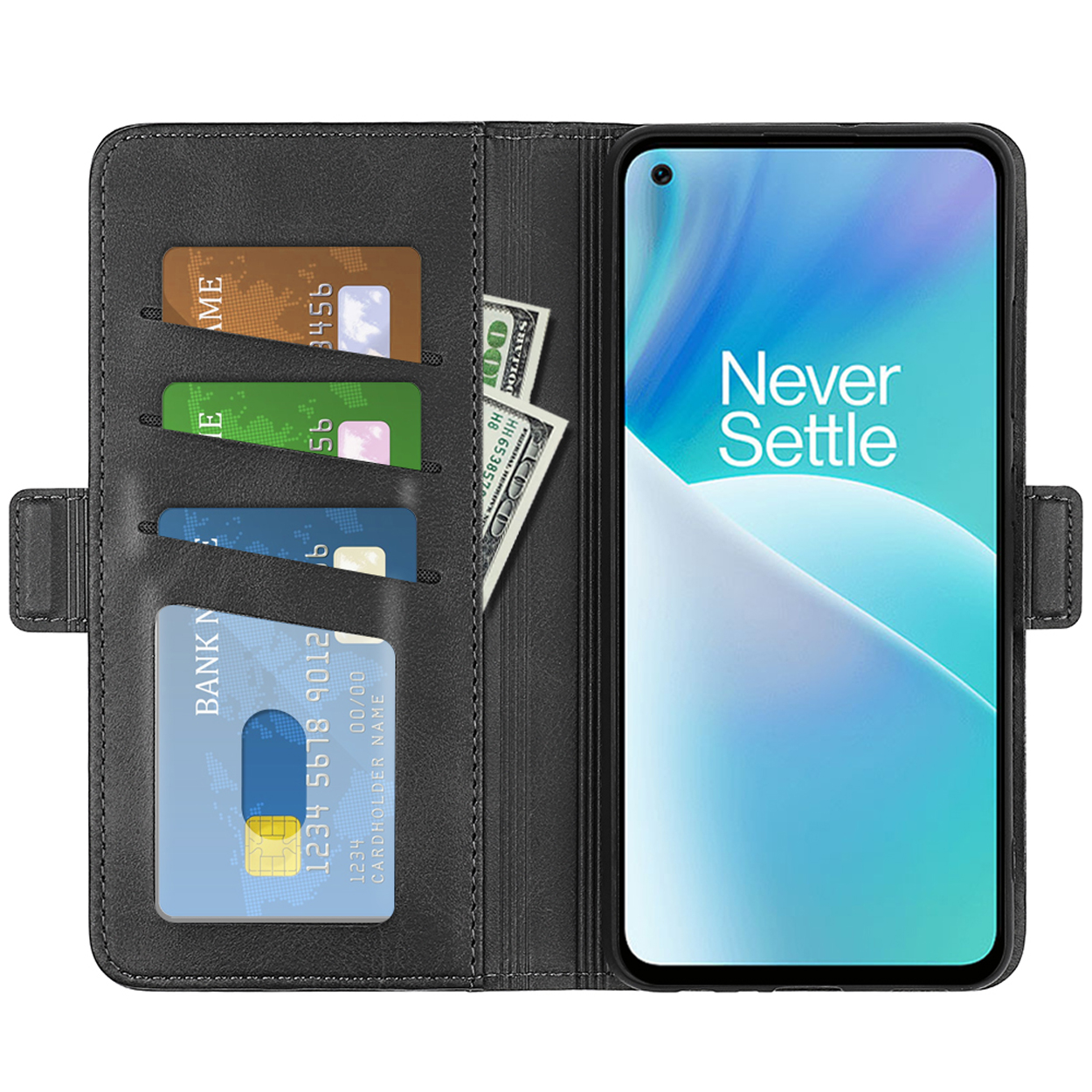 Étui de téléphone noir ouvert avec téléphone, cartes et espèces visibles. Le téléphone dit "Never Settle".