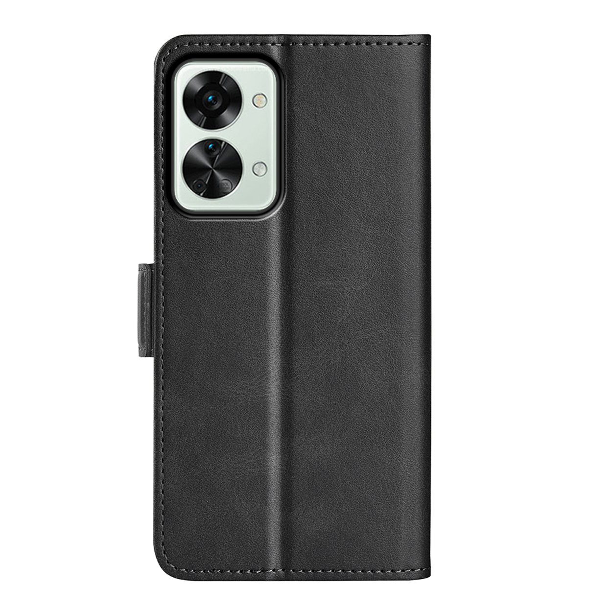 Étui de téléphone noir fermé, montrant l'arrière avec les lentilles de la caméra.