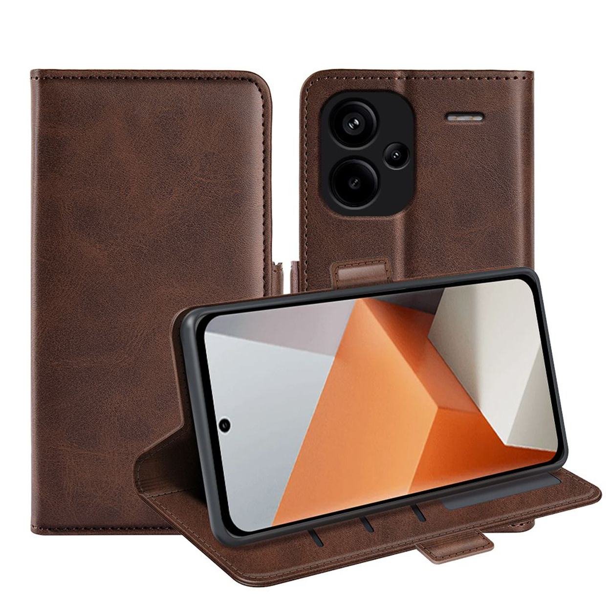 Bruine telefoonhoes, open, met telefoon. Telefoon schuin, toont oranje geometrische vormen. Witte achtergrond.