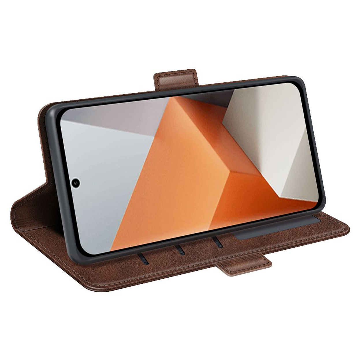 Bruine leren telefoonhoes open, telefoon binnenin. Een modern ontwerp wordt op het scherm weergegeven.
