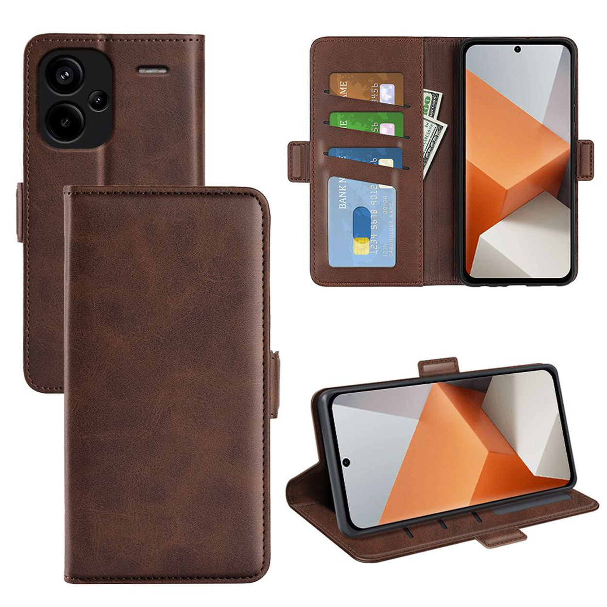 Bruine telefoonhoes met portemonneefunctie. Telefoon in hoes met oranje patroon. Creditcards en contant geld zichtbaar.