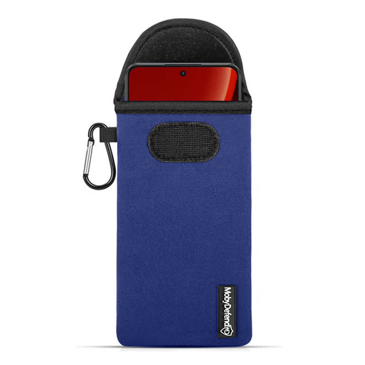 Blauwe telefoonhoes met een telefoon erin. De hoes heeft een karabijnhaak.
