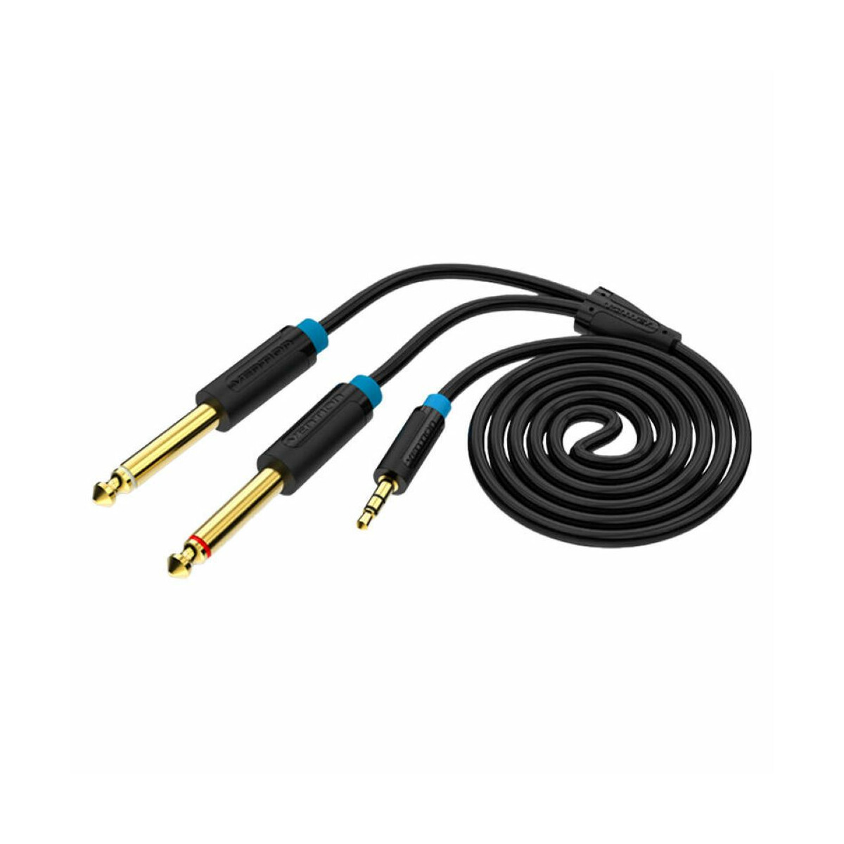Due cavi audio neri con connettori dorati e uno con un connettore argentato. Tutti hanno accenti neri e blu.