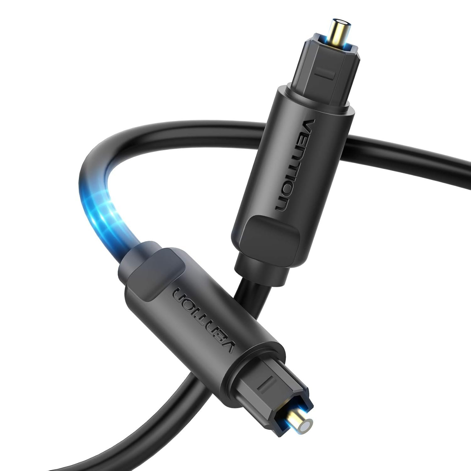 Câble audio optique noir avec connecteurs. Lumière bleue émane du câble, démontrant la fonction.