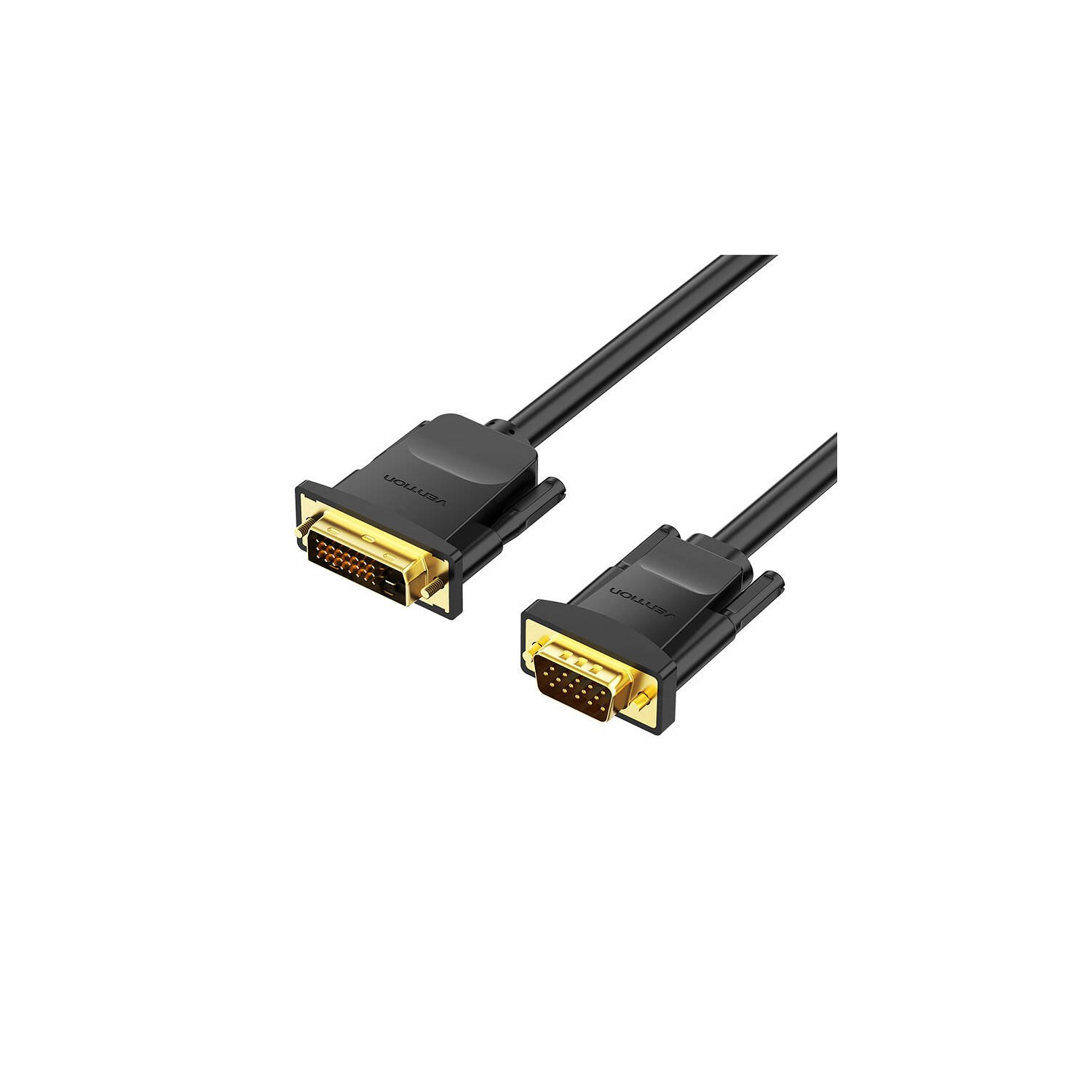 Dos cables DVI negros con conectores dorados, angulados hacia el espectador, sobre un fondo blanco. Marca visible.