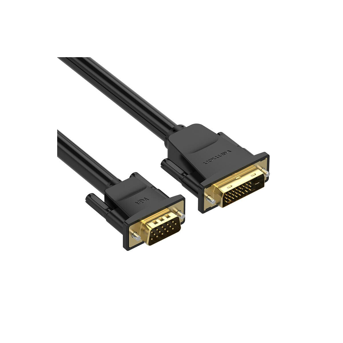 Cable DVI negro y dorado con conectores, sobre fondo blanco.