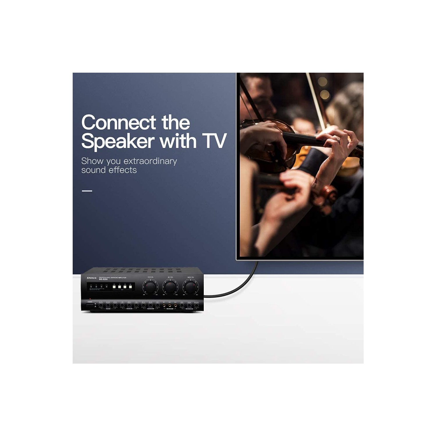 Amplificateur noir avec des boutons et un écran de télévision montrant une performance.