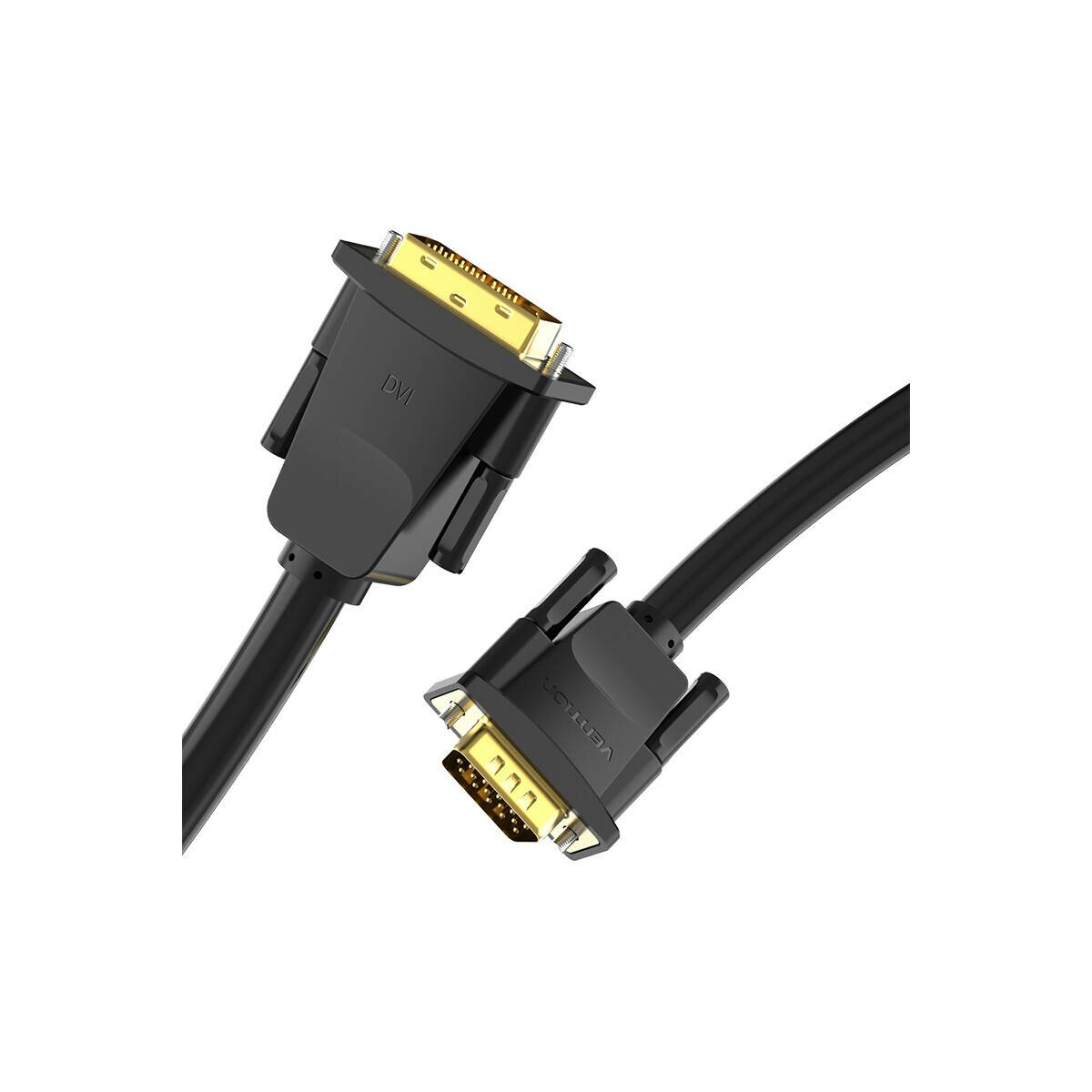 Cables DVI y VGA negros con conectores dorados sobre fondo blanco.