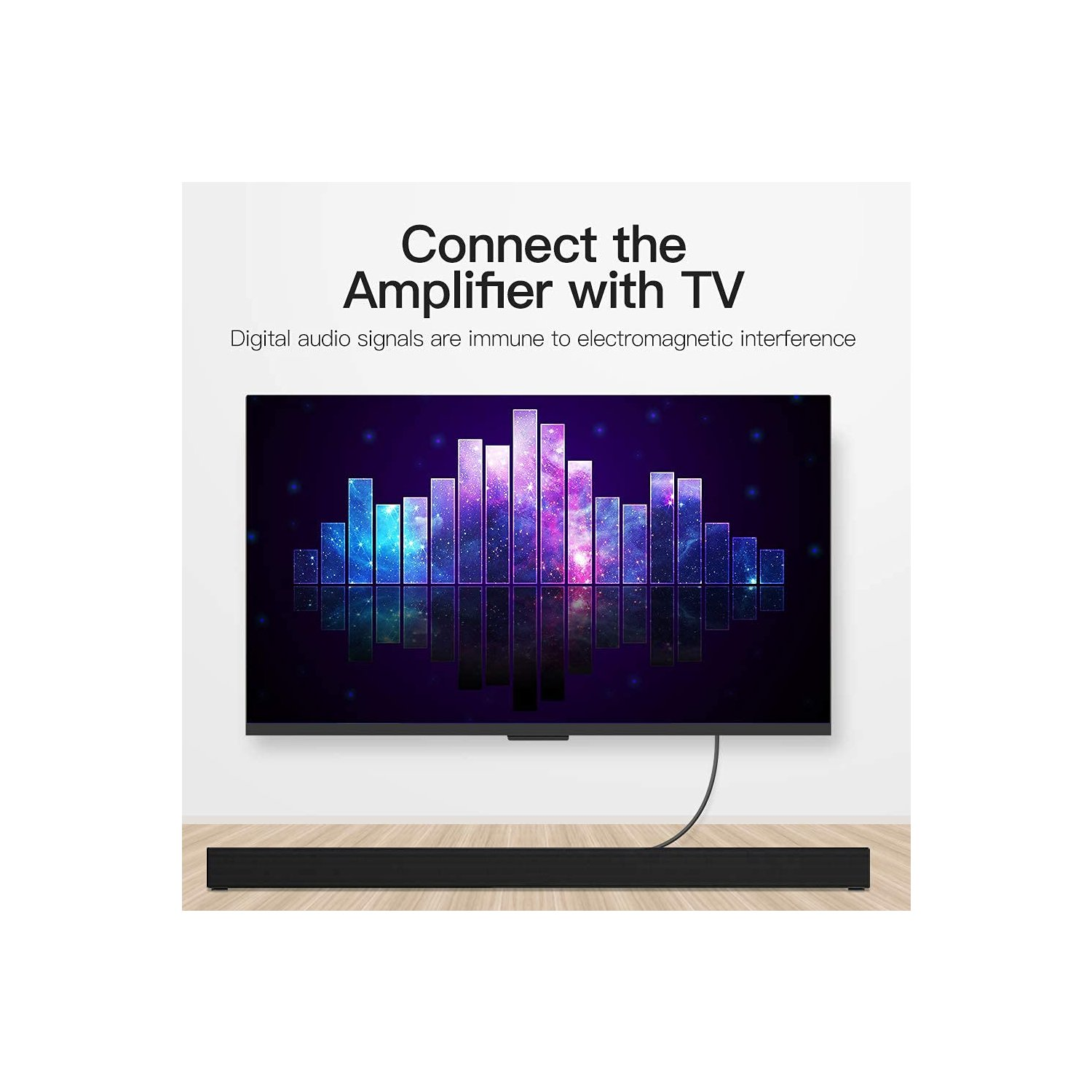 Un écran de télévision affiche une image abstraite colorée. Une barre de son est située en dessous, avec le texte : 'Connectez l'amplificateur à la TV'.