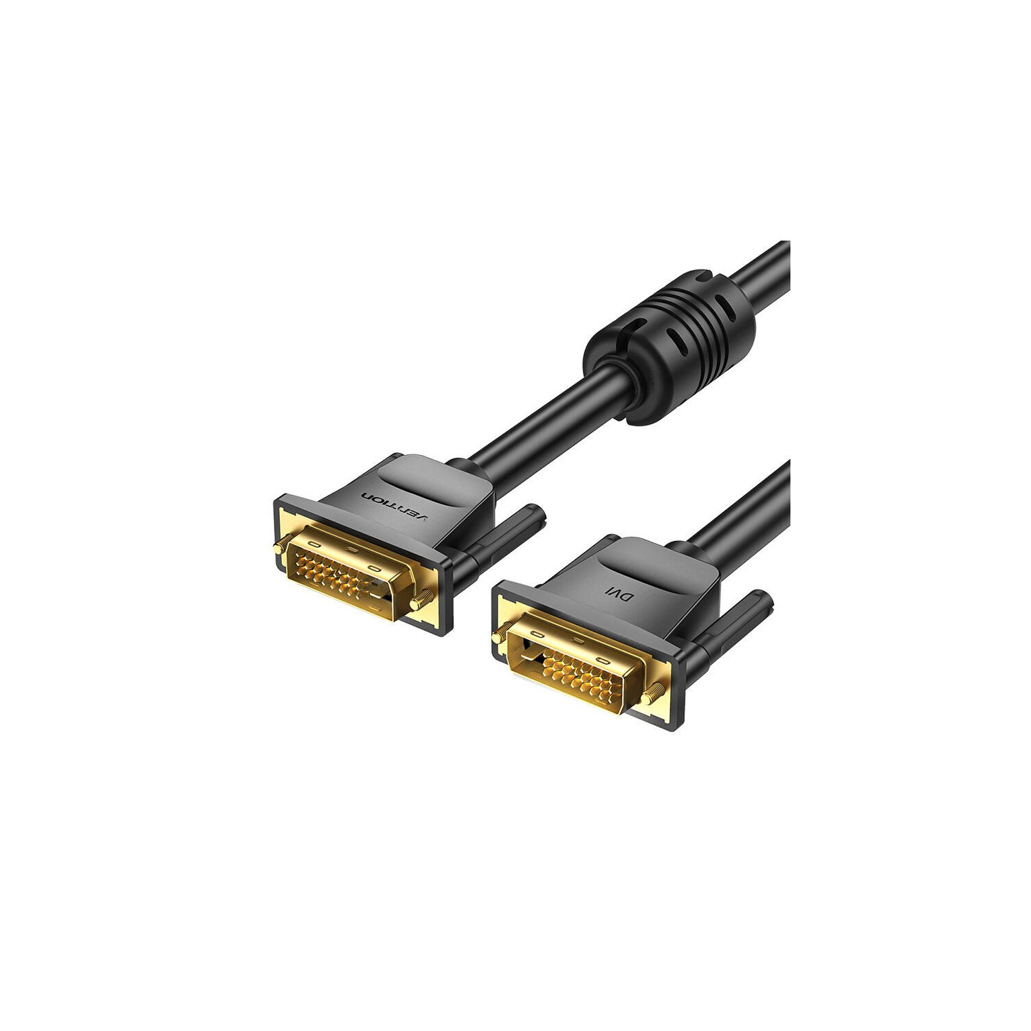 Dos cables DVI negros con conectores dorados, aislados sobre fondo blanco.