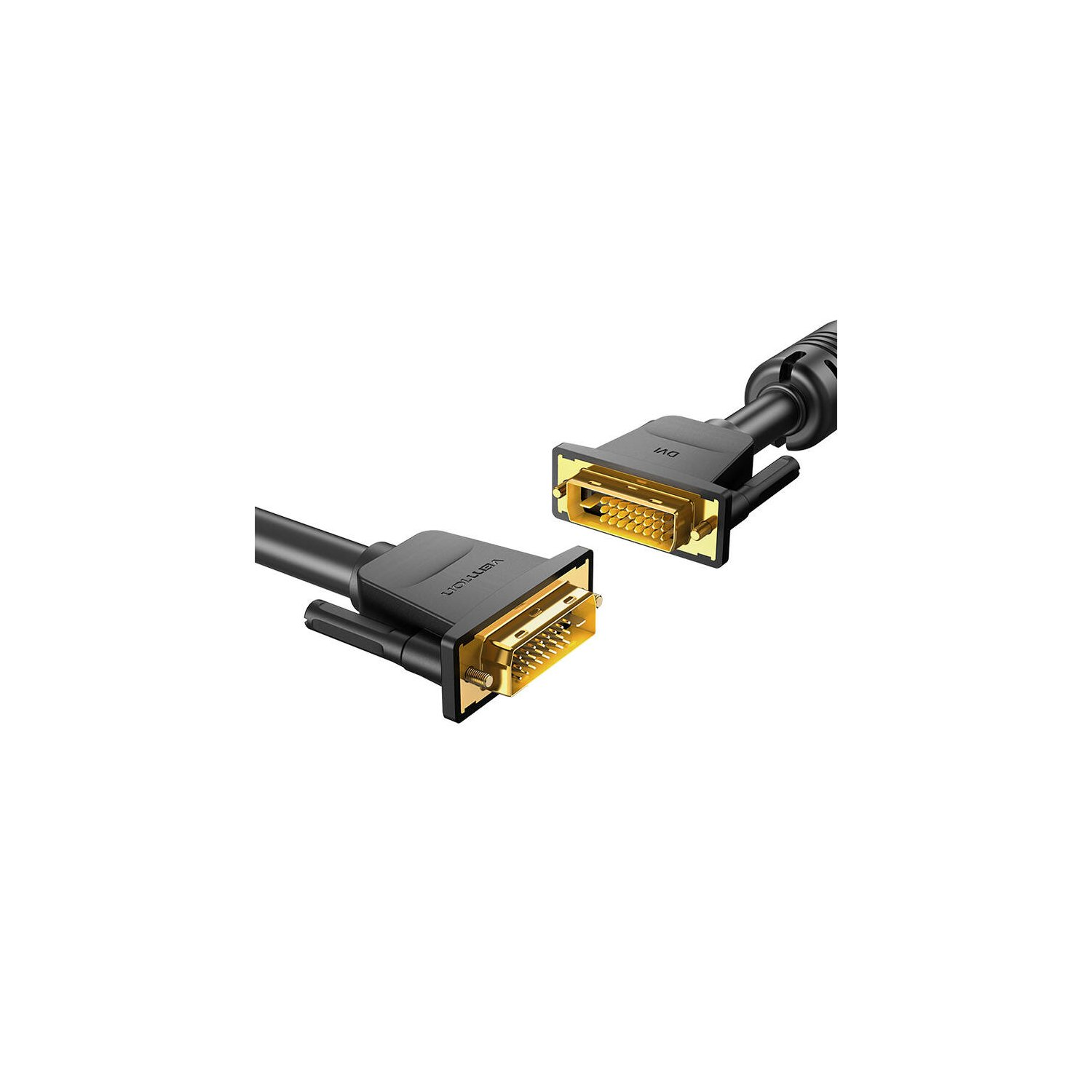 Cable DVI negro y dorado. Dos conectores con pines. Los conectores son dorados.