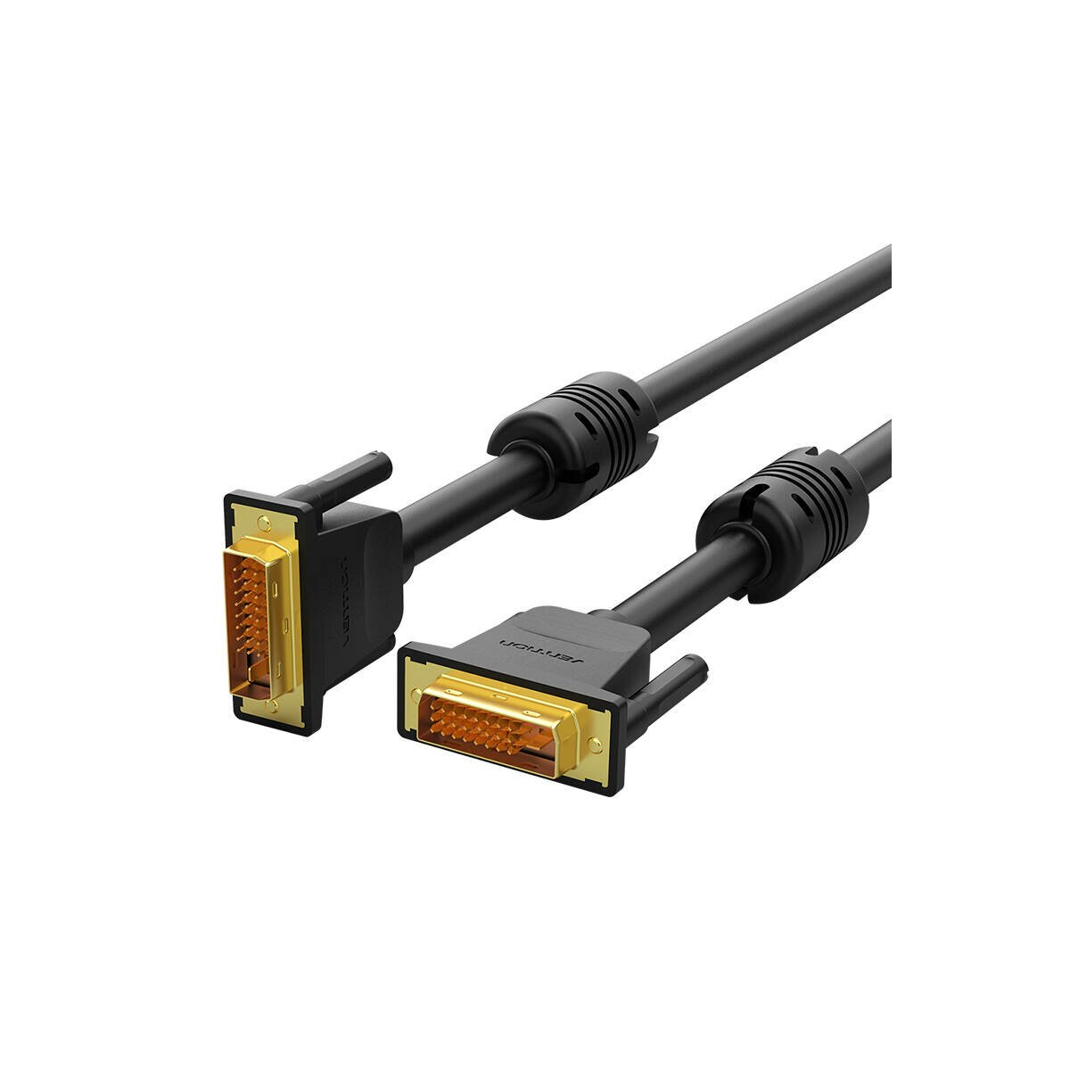 Dos cables DVI negros con conectores dorados, en ángulo.
