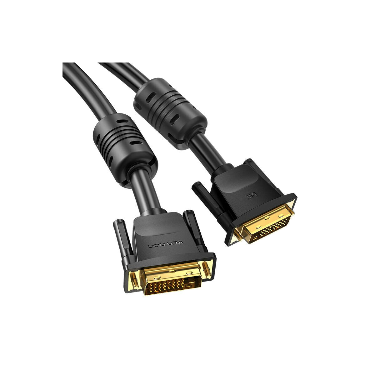Dos cables DVI negros con conectores dorados sobre un fondo blanco.