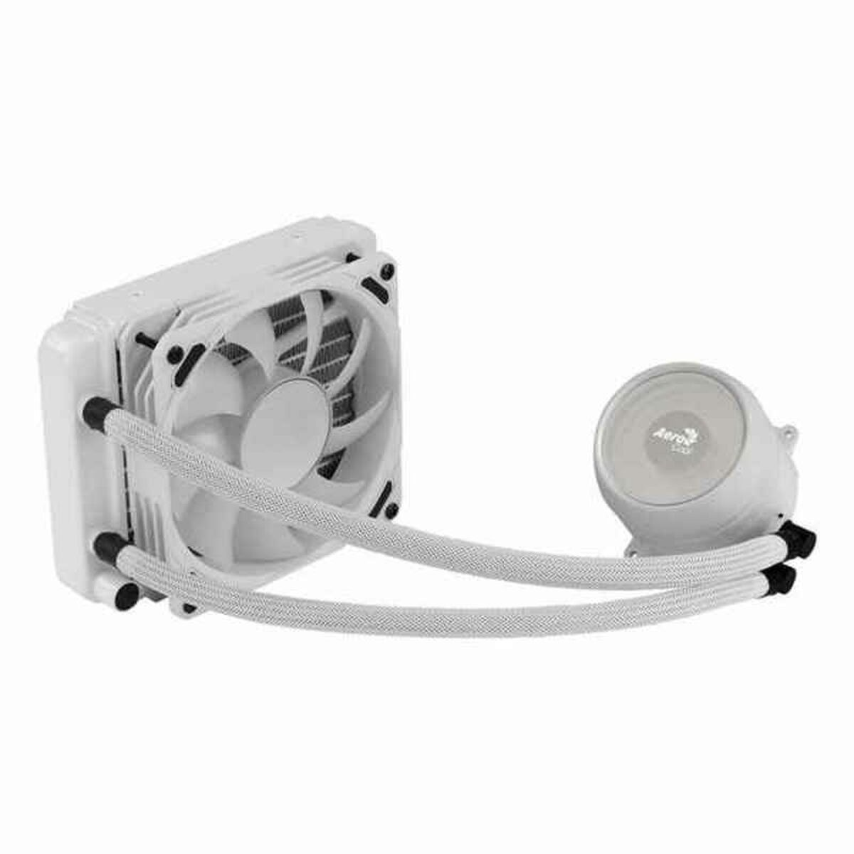 Un raffreddatore a liquido bianco con radiatore, ventola e pompa, con tubi bianchi.
