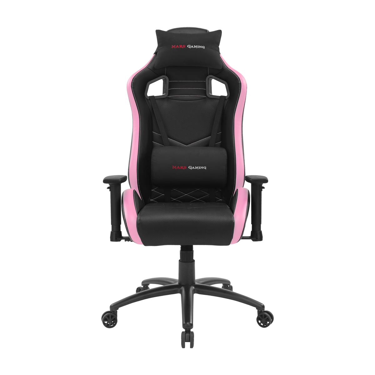 Silla gaming rosa y negra, vista frontal, con reposacabezas y soporte lumbar.