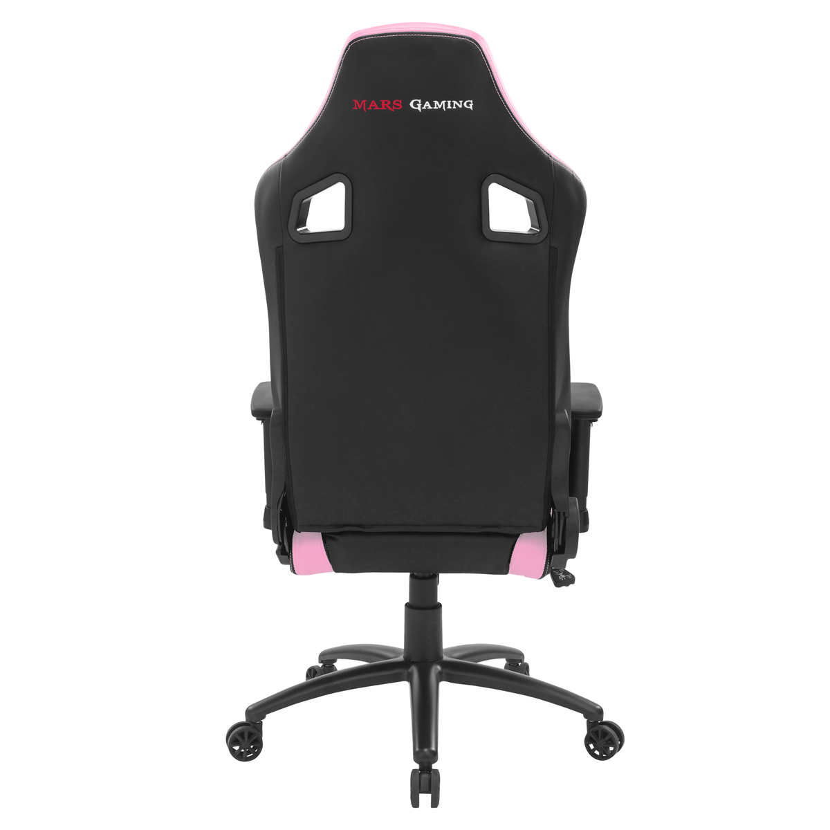 Silla gaming vista trasera. Negro con detalles rosas y logo MARS GAMING arriba.
