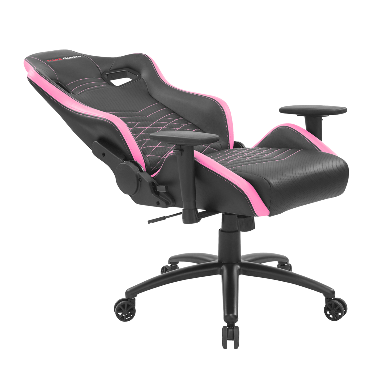 Silla gaming negra y rosa con base negra. La silla está en ángulo lateral.