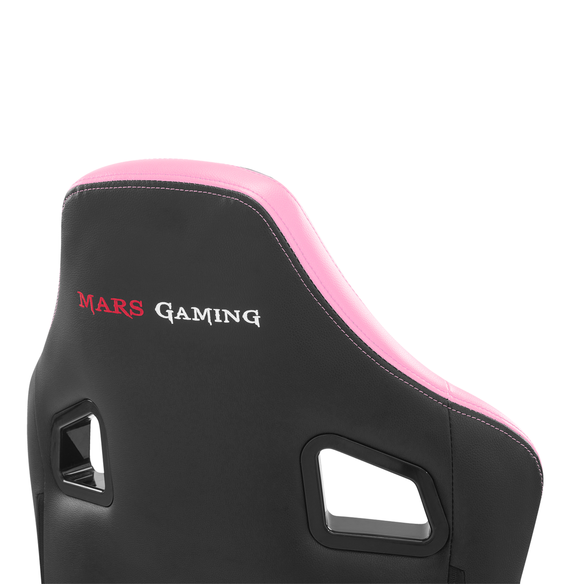 Primer plano del respaldo de una silla gaming negra y rosa, con el texto 'MARS GAMING'.