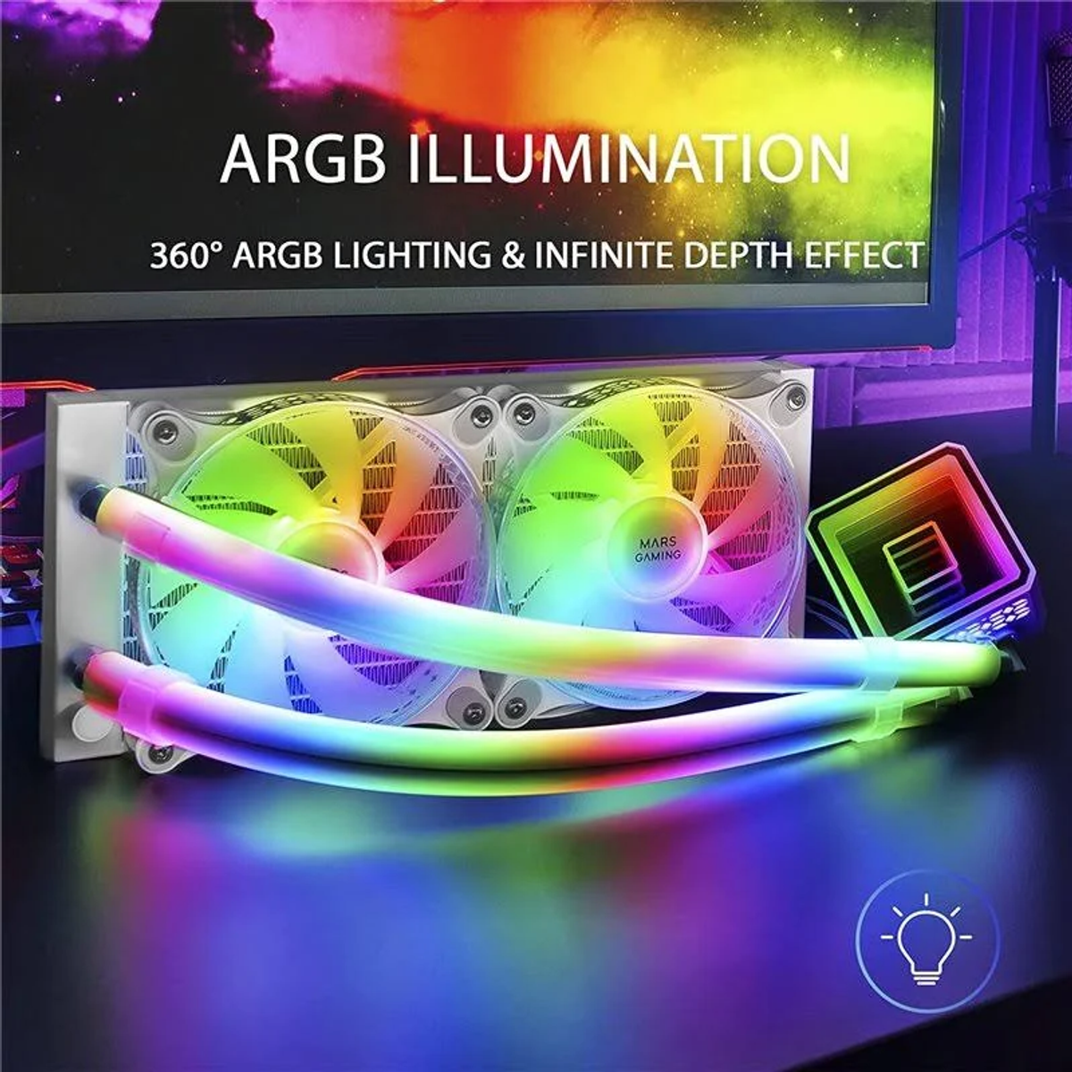 System chłodzenia komputera z oświetleniem ARGB, tęczowymi kolorami i ikoną żarówki.