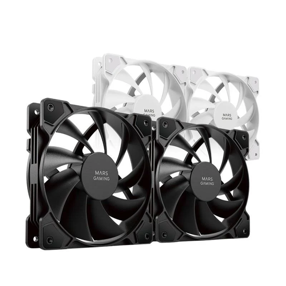 Dos ventiladores de ordenador negros y dos blancos, con el texto 'MARS GAMING'.