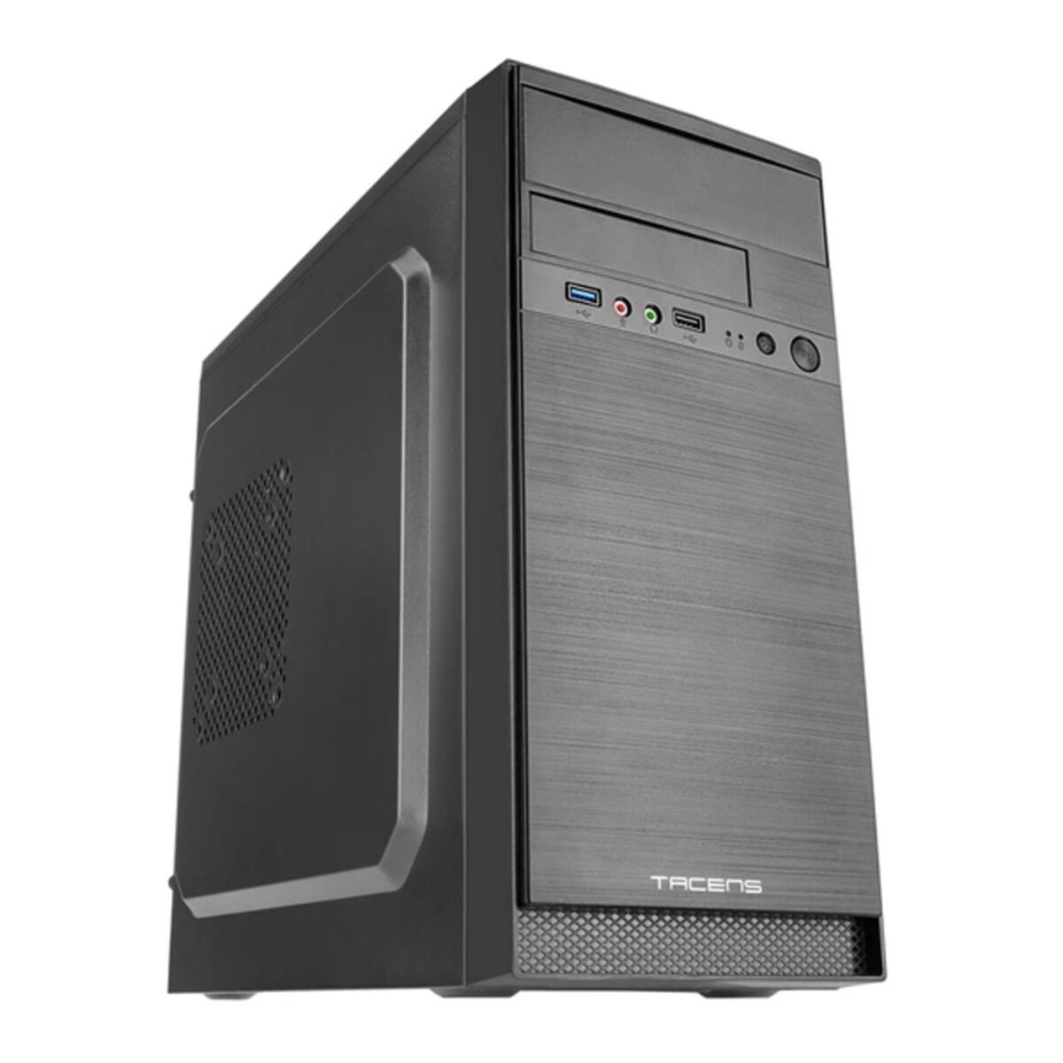 Un case per computer nero con pannello frontale strutturato e il marchio Tacens.