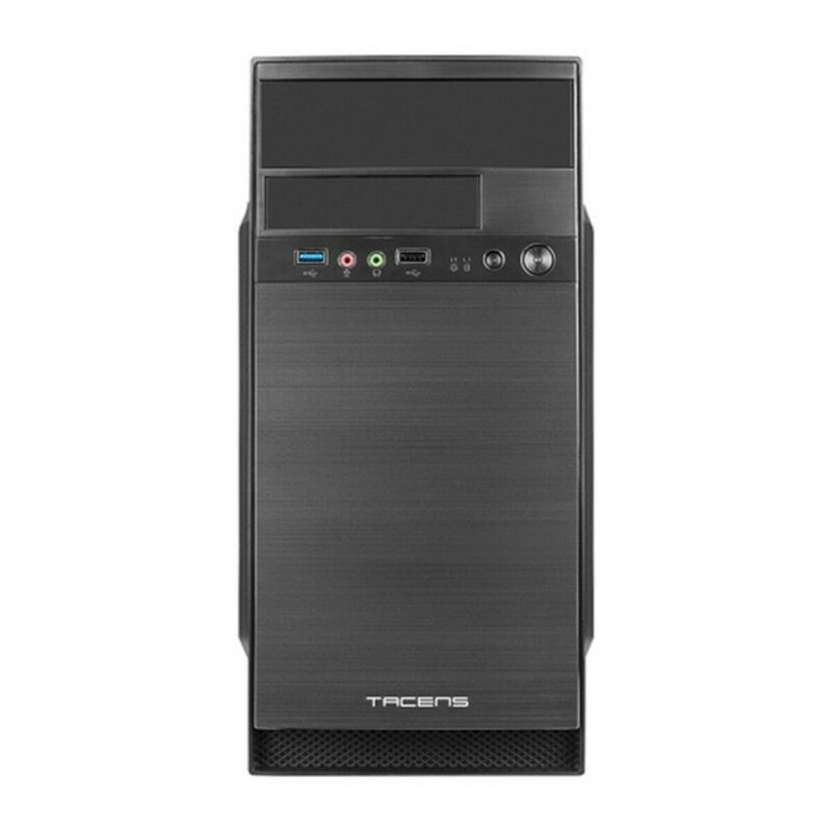 Un case per computer TACENS nero, vista frontale, con porte e nome del marchio.