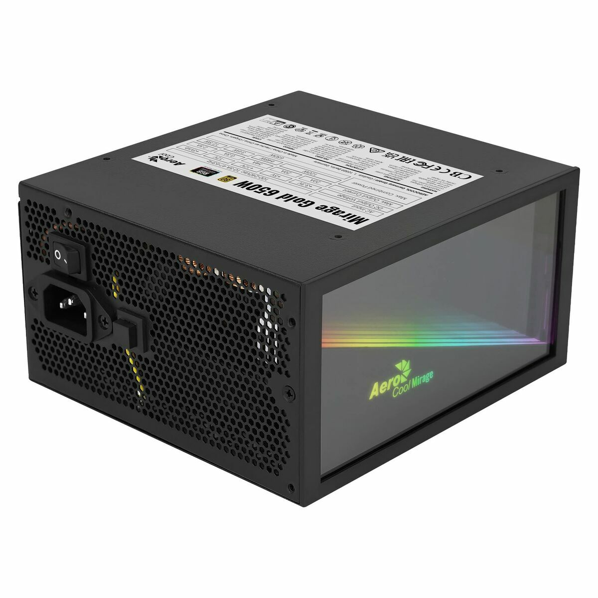 Una fuente de alimentación negra con un panel lateral transparente, etiquetada 'Mirage Gold 650W', se muestra en ángulo.