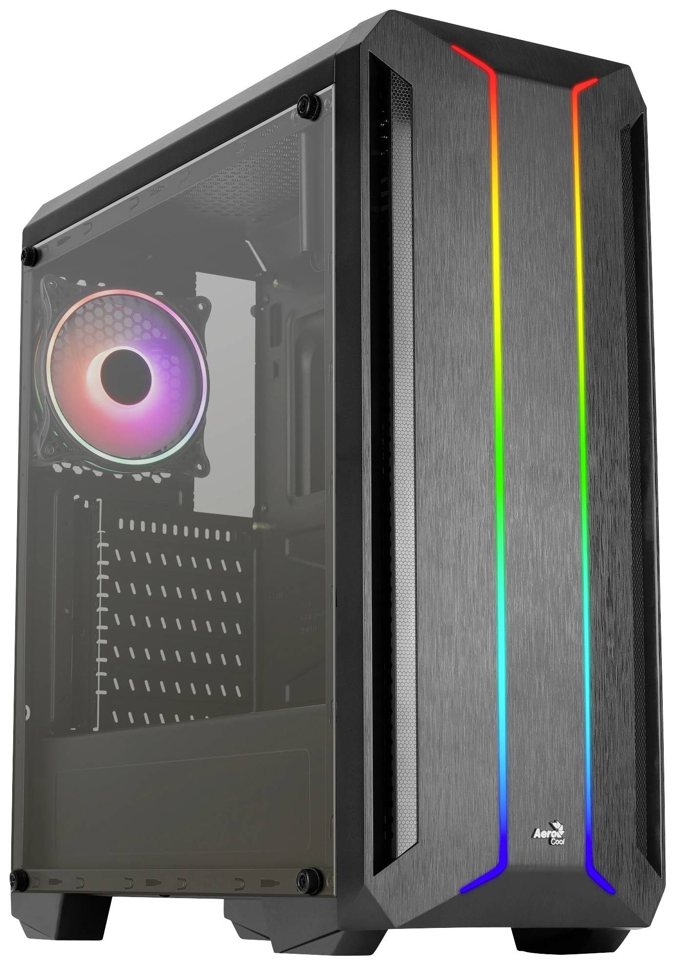 Un case per PC nero con un pannello laterale in vetro. Ha luci RGB sul davanti, una ventola e una finitura testurizzata.