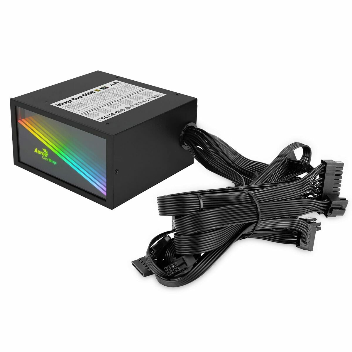 Una fuente de alimentación negra con cables conectados y un panel lateral iluminado con arcoíris.