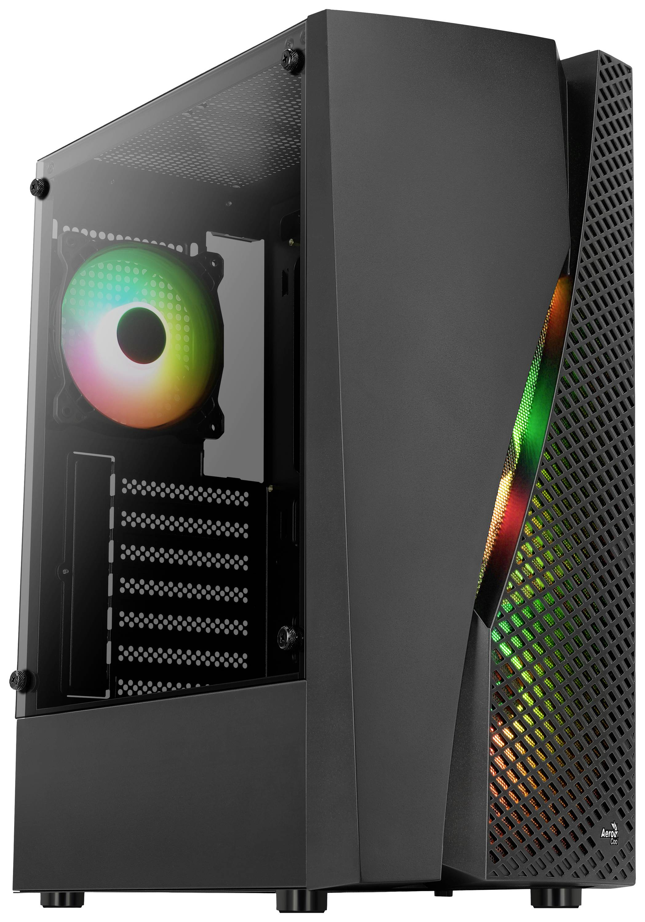 Un case per computer nero con pannello laterale in vetro, ventola con luci colorate e frontale in rete.